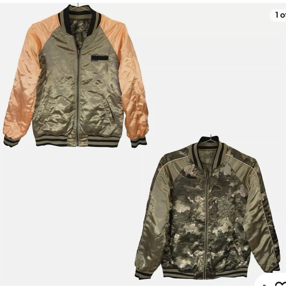 Members Only Bomber Jacket Green Peach Satin Reversible Full Zip